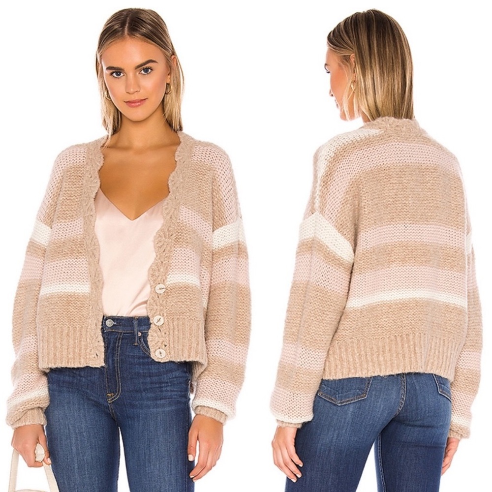 Free People Fine Time Latte Striped Oversized Wool Alpaca Cardigan S